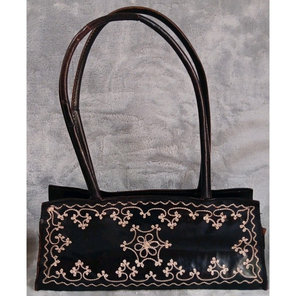Aldo Black Leather Purse Handbag Cream‎ Beige Stitched Embroidered Bag READ